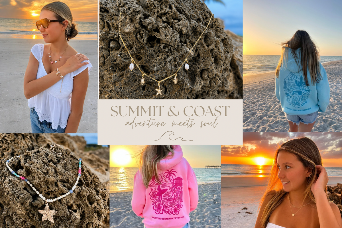 Summit & Coast pink and blue hoodies with coastal, mountain, and jewelry lifestyle details