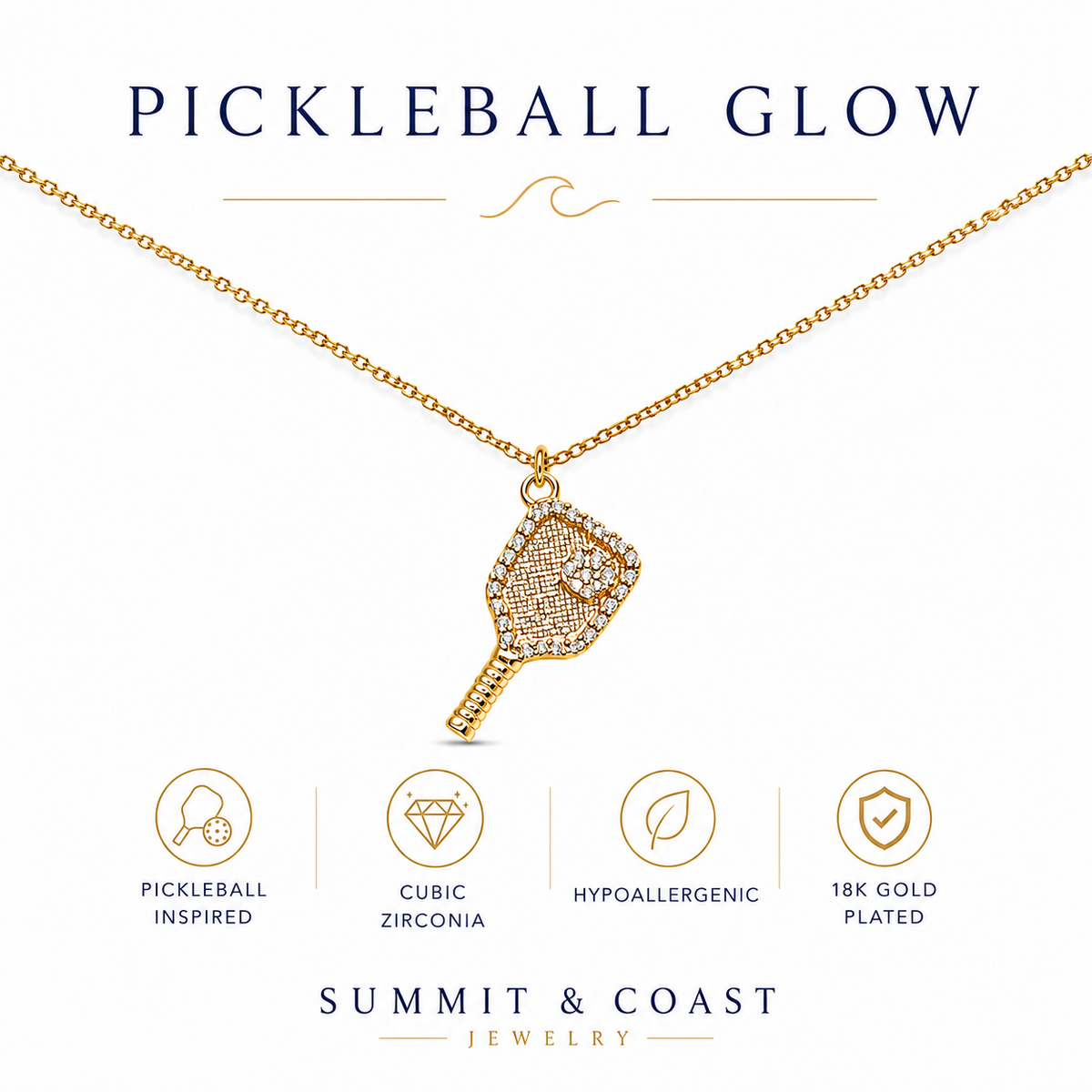 Gold Pickleball Glow Necklace | 18K Gold Paddle Pendant – Summit & Coast