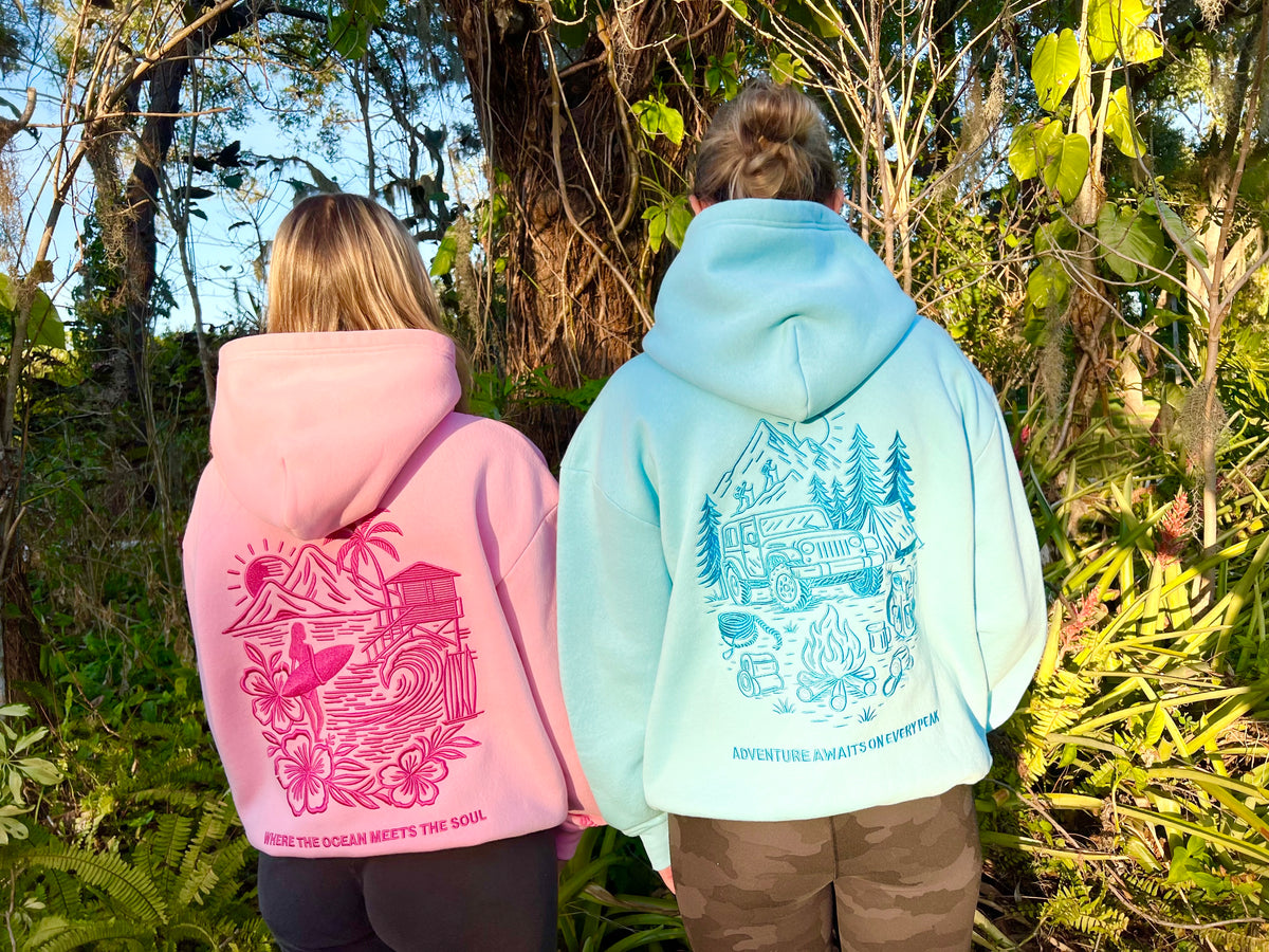 Pink coastal hoodie &  blue mountain hoodie | Summit & Coast 