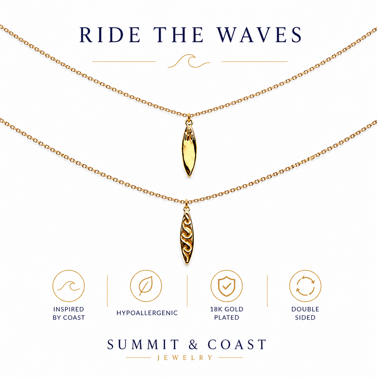 Ride the Wave Necklace | Gold Surfboard Pendant | Summit & Coast