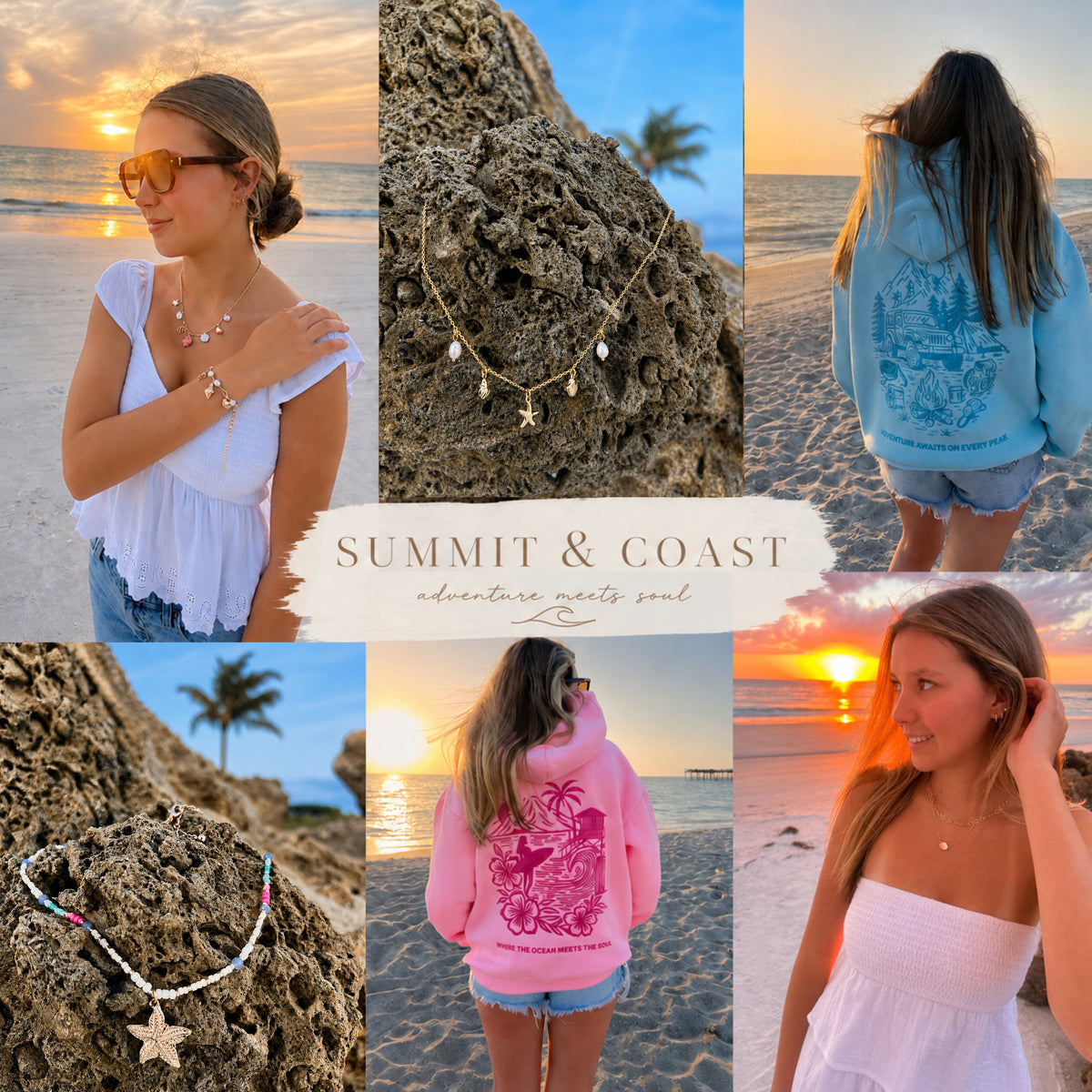 Summit & Coast pink and blue hoodies with coastal, mountain, and jewelry lifestyle details
