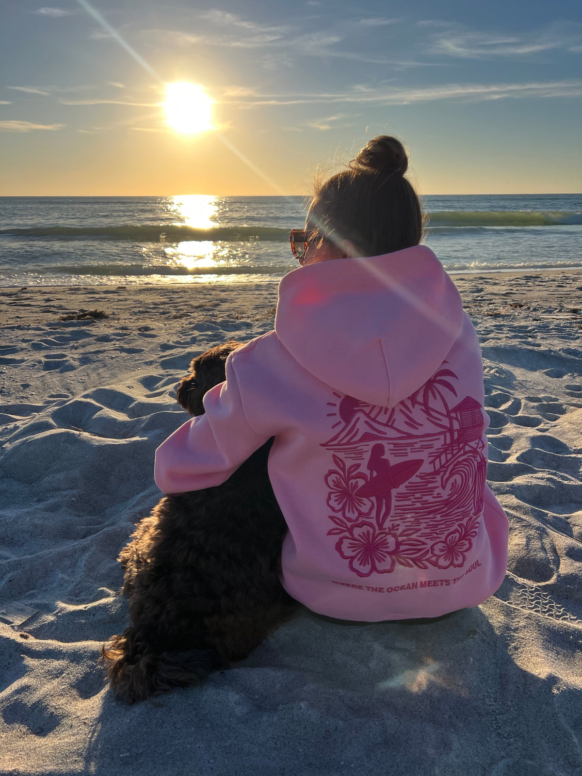 Summit & Coast pink and blue hoodies with coastal, mountain, and jewelry lifestyle details